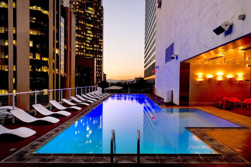 los angeles, california, usa, america, city, pool, swimming pool, hotel, standard hotel, sunset, skyscrapers, big city, skyscraper, metropolis, nature, la, carol m highsmith