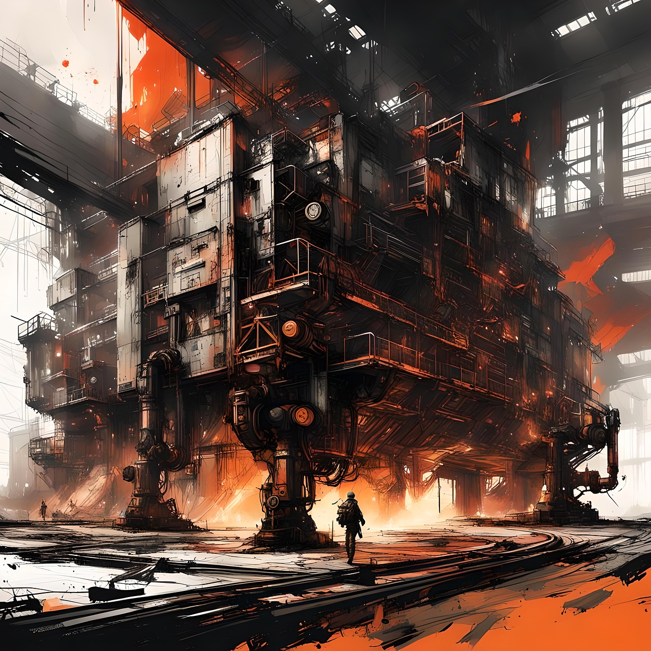 factory, industry, fire, flame, ink, art, world, ai generated