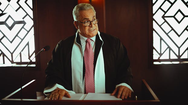 A senior judge stands at the podium in a courtroom, dressed in traditional robes.